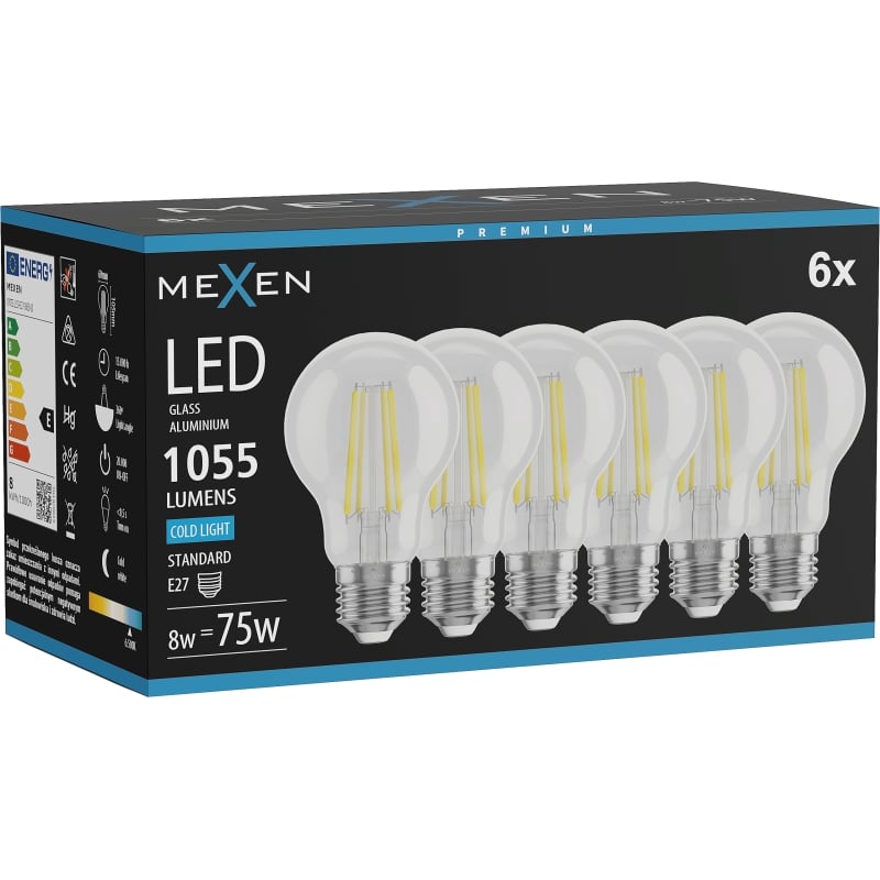 Mexen Vintis 6x LED Filamentlampa E27, A60, 8W, Kall - 6500K, 1055 lm, klar - L150-E27-0865-00x06