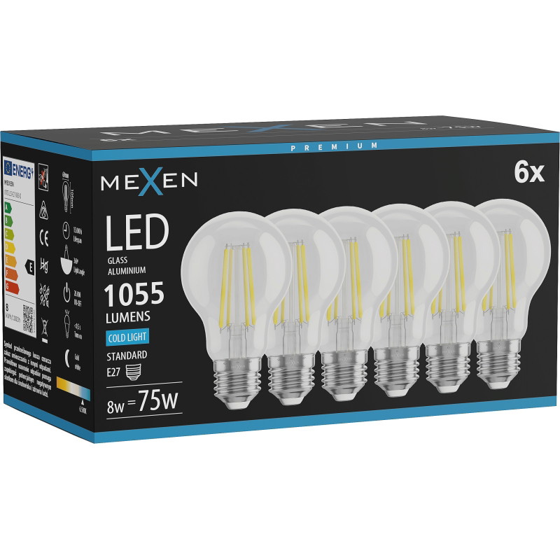 Mexen Vintis 6x LED-filamenttilamppu E27, A60, 8W, Kylmä - 6500K, 1055 lm, kirkas - L150-E27-0865-00x06