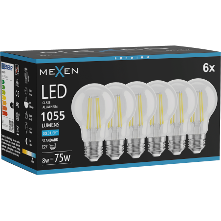 Mexen Vintis 6x Lampadina a filamento LED E27, A60, 8W, Fredda - 6500K, 1055 lm, trasparente - L150-E27-0865-00x06