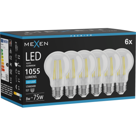 Mexen Vintis 6x LED kvēldiega spuldze E27, A60, 8W, Aukstā - 6500K, 1055 lm, caurspīdīga - L150-E27-0865-00x06