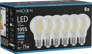 Mexen Vintis 6x LED filament žarulja E27, A60, 8W, Hladno - 6500K, 1055 lm, prozirna - L150-E27-0865-00x06