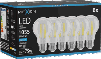 Mexen Vintis 6x LED kvēldiega spuldze E27, A60, 8W, Aukstā - 6500K, 1055 lm, caurspīdīga - L150-E27-0865-00x06