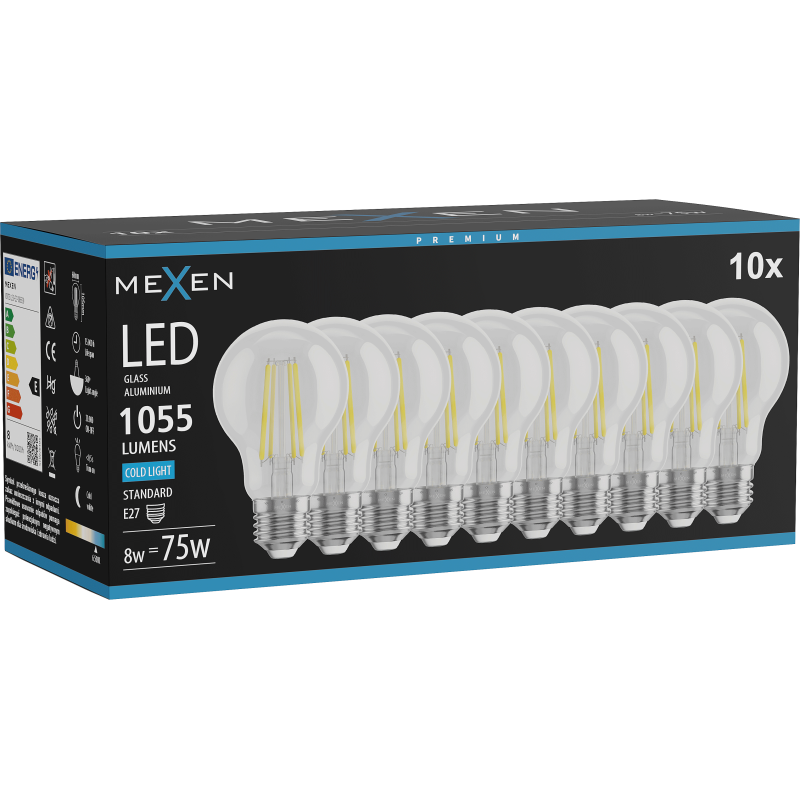 Mexen Vintis 10x Λάμπα νήματος LED E27, A60, 8W, Ψυχρή - 6500K, 1055 lm, διαφανής - L150-E27-0865-00x10