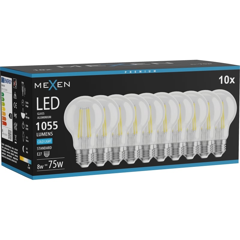 Mexen Vintis 10x Lampadina a filamento LED E27, A60, 8W, Fredda - 6500K, 1055 lm, trasparente - L150-E27-0865-00x10