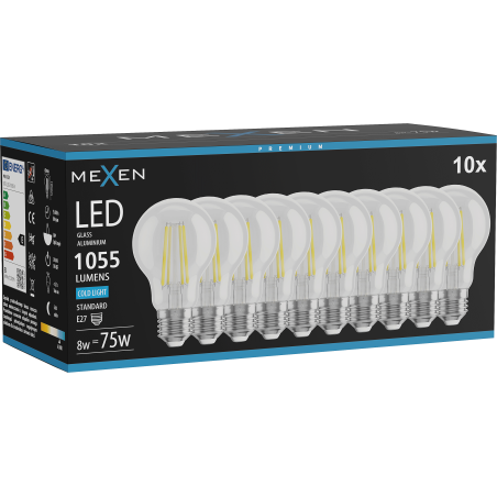 Mexen Vintis 10x LED filamenta spuldze E27, A60, 8W, Aukstā - 6500K, 1055 lm, caurspīdīgs - L150-E27-0865-00x10