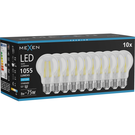 Mexen Vintis 10x LED-Glühbirne Filament E27, A60, 8W, Kalt - 6500K, 1055 lm, klar - L150-E27-0865-00x10