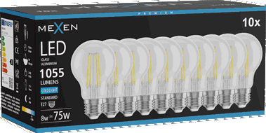 Mexen Vintis 10x LED filamenta spuldze E27, A60, 8W, Aukstā - 6500K, 1055 lm, caurspīdīgs - L150-E27-0865-00x10
