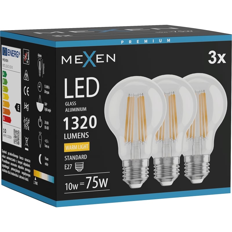 Mexen Vintis 3x Lampadina a filamento LED E27, A60, 10W, Calda - 2700K, 1320 lm, trasparente - L150-E27-1027-00x03