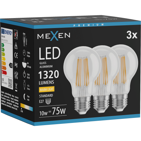 Mexen Vintis 3x Lampadina a filamento LED E27, A60, 10W, Calda - 2700K, 1320 lm, trasparente - L150-E27-1027-00x03