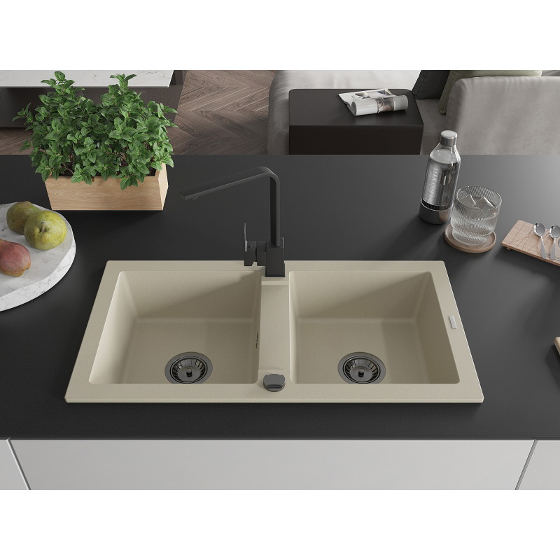 Mexen Mario granit gootsteen 2-kamer met keukenkraan Rita, beige - 6504-69-670300-70