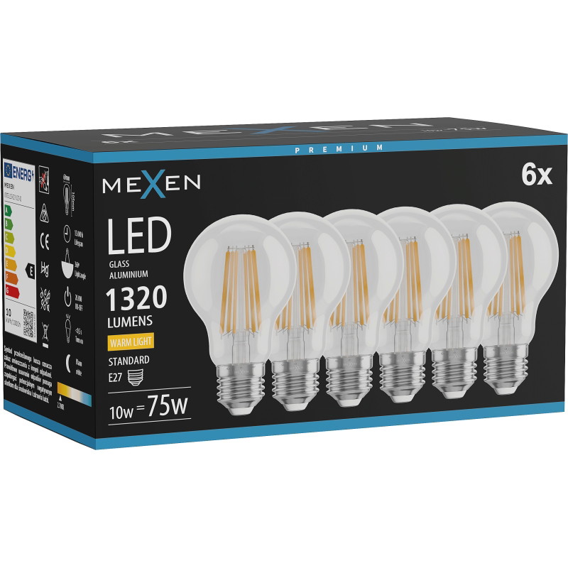 Mexen Vintis 6x Bombilla de filamento LED E27, A60, 10W, Cálida - 2700K, 1320 lm, transparente - L150-E27-1027-00x06