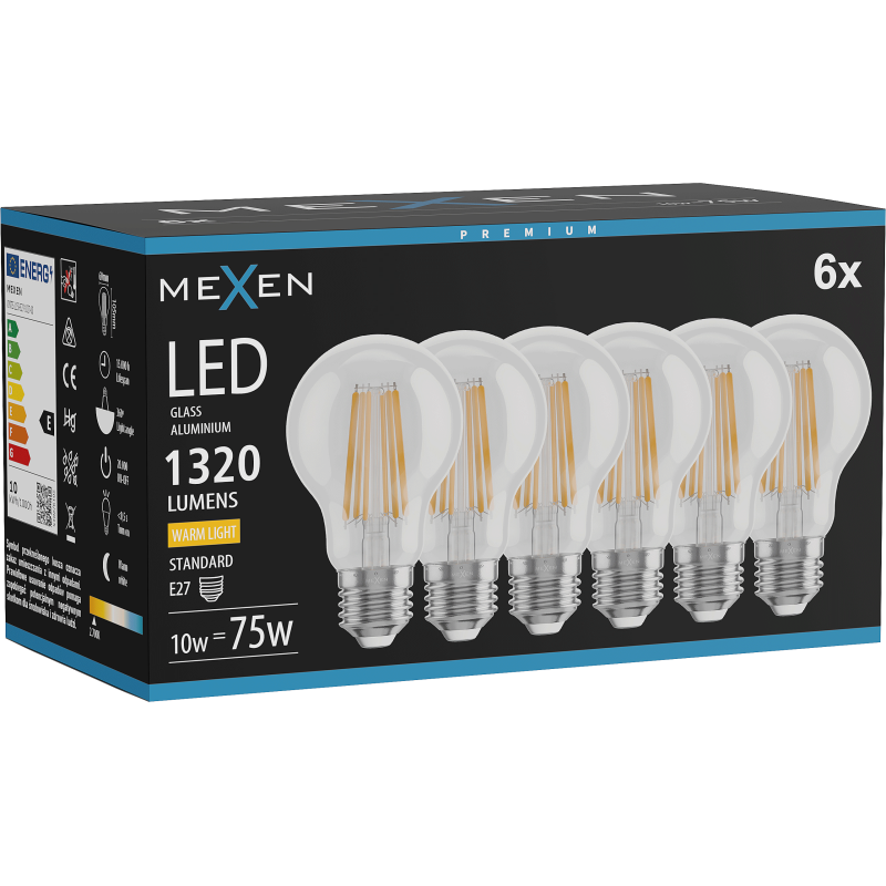 Mexen Vintis 6x LED Filament Bulb E27, A60, 10W, Warm - 2700K, 1320 lm, clear - L150-E27-1027-00x06