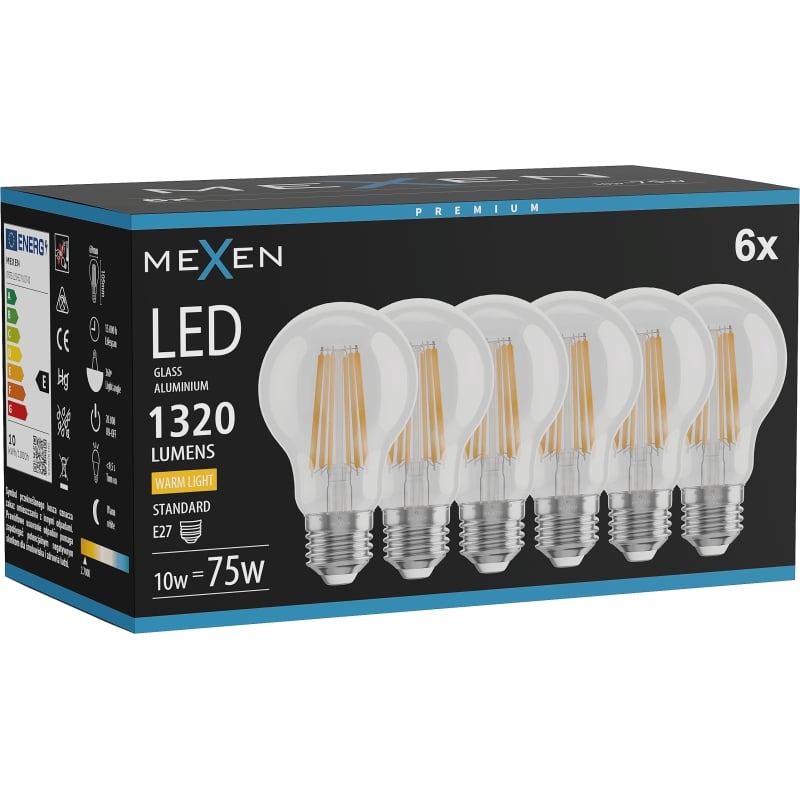 Mexen Vintis 6x LED filamentlamp E27, A60, 10W, Warm - 2700K, 1320 lm, helder - L150-E27-1027-00x06