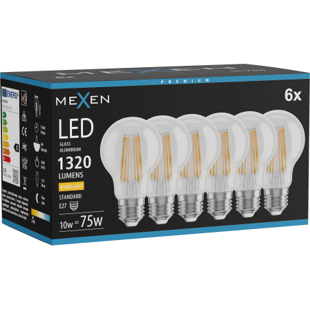 Mexen Vintis 6x LED-Filamentlampe E27, A60, 10W, Warm - 2700K, 1320 lm, klar - L150-E27-1027-00x06