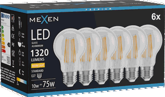 Mexen Vintis 6x LED filamenta spuldze E27, A60, 10W, Silta - 2700K, 1320 lm, caurspīdīga - L150-E27-1027-00x06