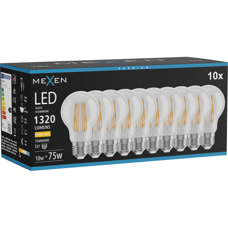 Mexen Vintis 10x Λάμπα LED Filament E27, A60, 10W, Θερμό - 2700K, 1320 lm, διάφανο - L150-E27-1027-00x10