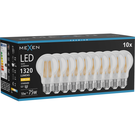 Mexen Vintis 10x LED filamenta spuldze E27, A60, 10W, Silts - 2700K, 1320 lm, caurspīdīgs - L150-E27-1027-00x10