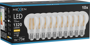 Mexen Vintis 10x LED filament žarnica E27, A60, 10W, Topla - 2700K, 1320 lm, prozorna - L150-E27-1027-00x10
