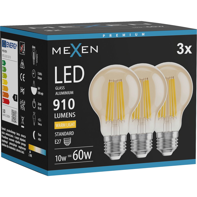 Mexen Vintis 3x żarówka filament LED E27, A60, 10W, Ciepła - 2700K, 910 lm, amber - L150-E27-1027-50x03
