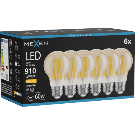 Mexen Vintis 6x LED žarnica filament E27, A60, 10W, Topla - 2700K, 910 lm, jantar - L150-E27-1027-50x06