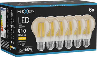 Mexen Vintis 6x LED žarnica filament E27, A60, 10W, Topla - 2700K, 910 lm, jantar - L150-E27-1027-50x06