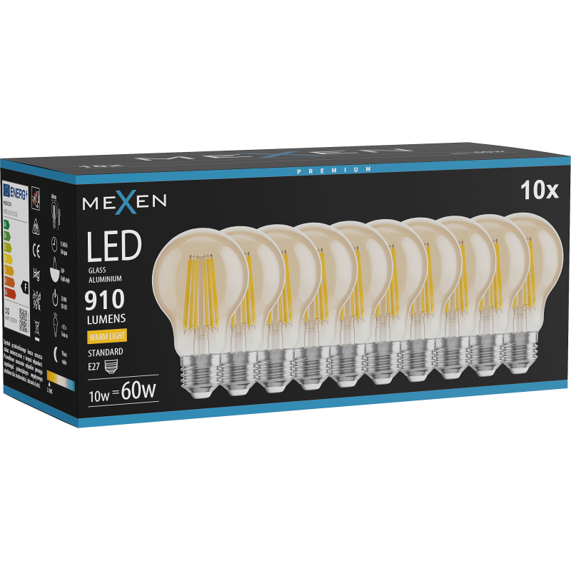 Mexen Vintis 10x Ampoule filament LED E27, A60, 10W, Chaleureux - 2700K, 910 lm, ambre - L150-E27-1027-50x10