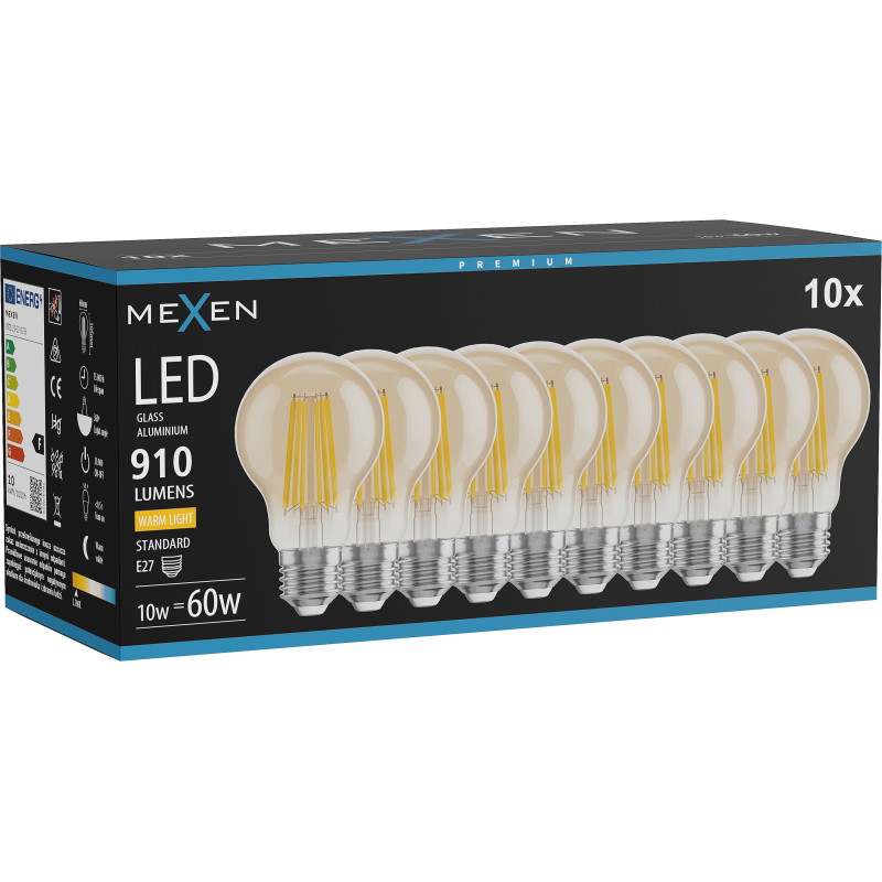 Mexen Vintis 10x bombilla filamento LED E27, A60, 10W, Cálida - 2700K, 910 lm, ámbar - L150-E27-1027-50x10