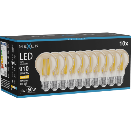 Mexen Vintis 10x Ampoule filament LED E27, A60, 10W, Chaleureux - 2700K, 910 lm, ambre - L150-E27-1027-50x10
