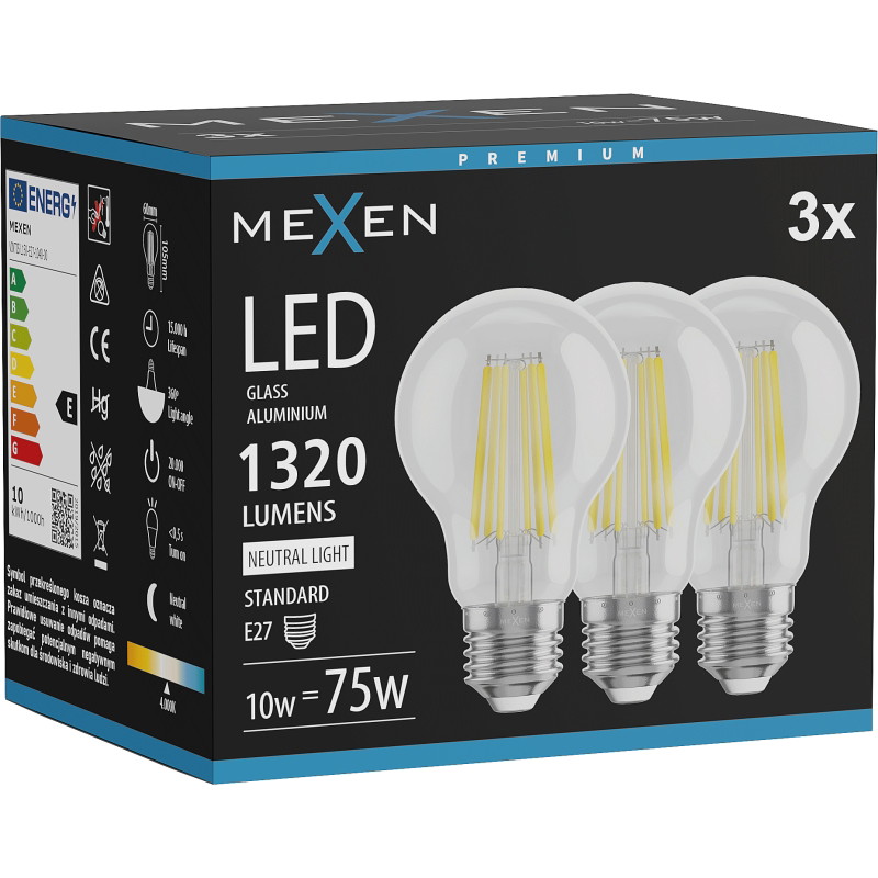 Mexen Vintis 3x Bombilla LED de filamento E27, A60, 10W, Neutra - 4000K, 1320 lm, clara - L150-E27-1040-00x03
