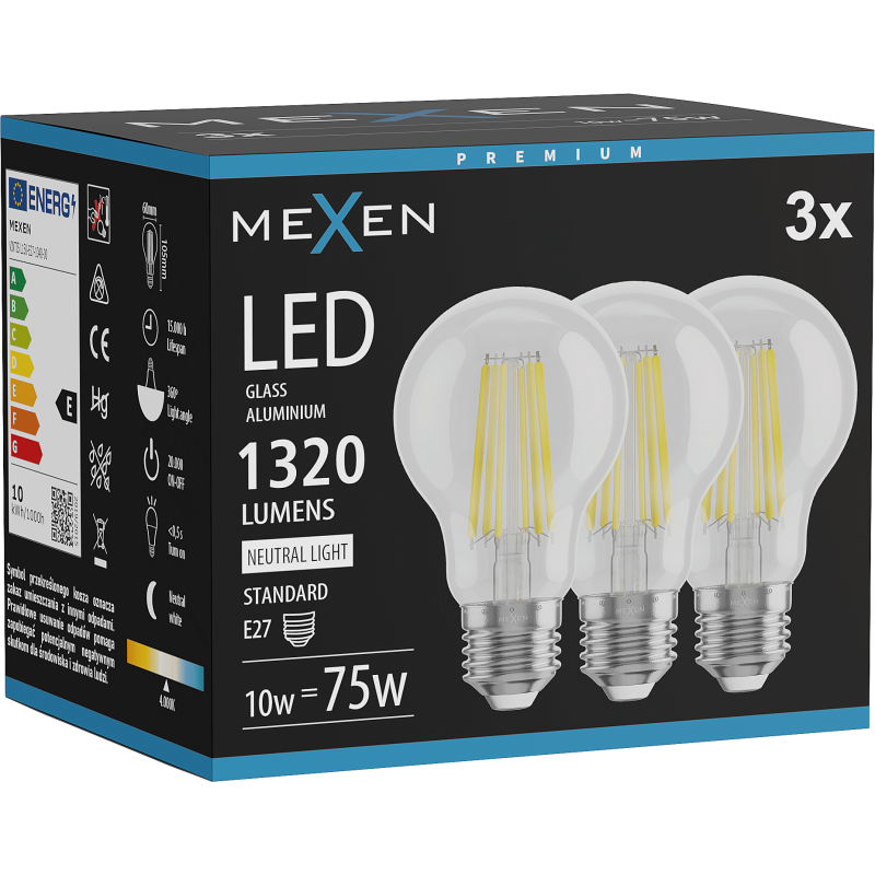 Mexen Vintis 3x LED-Filamentlampe E27, A60, 10W, Neutral - 4000K, 1320 lm, klar - L150-E27-1040-00x03