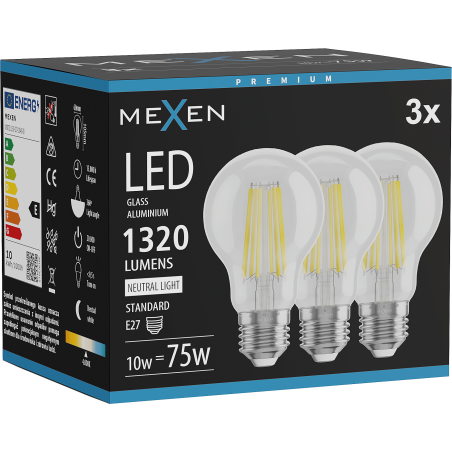 Mexen Vintis 3x LED filament glödlampa E27, A60, 10W, Neutral - 4000K, 1320 lm, klar - L150-E27-1040-00x03
