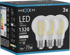 Mexen Vintis 3x LED filament žarnica E27, A60, 10W, Nevtralna - 4000K, 1320 lm, prozorna - L150-E27-1040-00x03