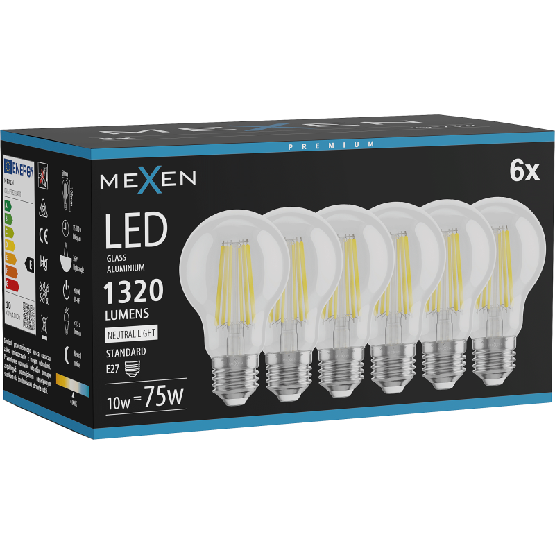 Mexen Vintis 6x Filamenta LED spuldze E27, A60, 10W, Neitrāla - 4000K, 1320 lm, caurspīdīga - L150-E27-1040-00x06