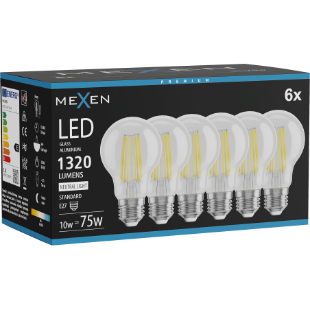 Mexen Vintis 6x Filamenta LED spuldze E27, A60, 10W, Neitrāla - 4000K, 1320 lm, caurspīdīga - L150-E27-1040-00x06