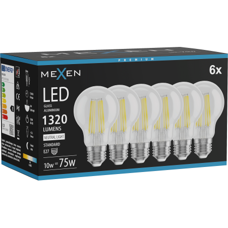 Mexen Vintis 6x LED filamentlampa E27, A60, 10W, Neutral - 4000K, 1320 lm, klar - L150-E27-1040-00x06