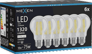 Mexen Vintis 6x Filamenta LED spuldze E27, A60, 10W, Neitrāla - 4000K, 1320 lm, caurspīdīga - L150-E27-1040-00x06