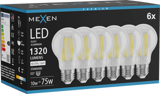 Mexen Vintis 6x LED E27 hõõglamp, A60, 10W, Neutraalne - 4000K, 1320 lm, selge - L150-E27-1040-00x06