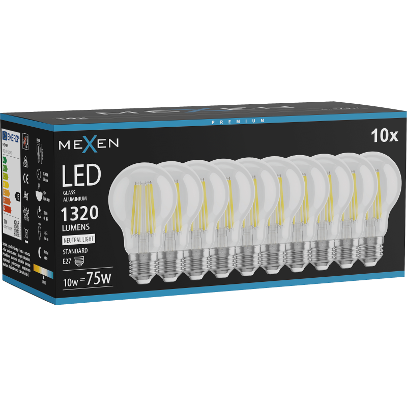 Mexen Vintis 10x LED filamenta spuldze E27, A60, 10W, Neitrāla - 4000K, 1320 lm, caurspīdīga - L150-E27-1040-00x10