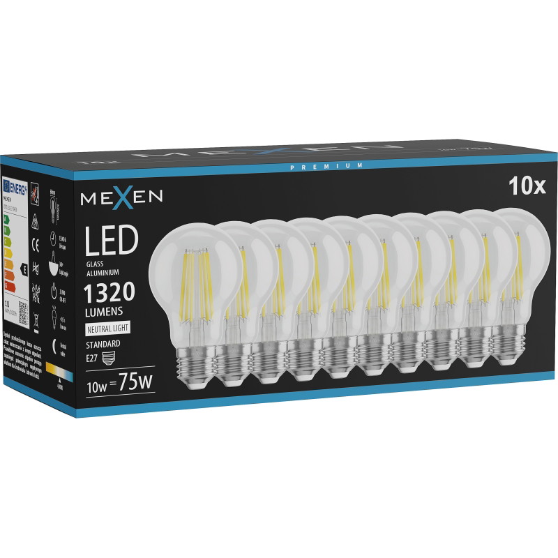 Mexen Vintis 10x żarówka filament LED E27, A60, 10W, Neutralna - 4000K, 1320 lm, clear - L150-E27-1040-00x10