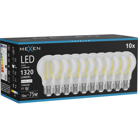Mexen Vintis 10x Lampadina filament LED E27, A60, 10W, Neutra - 4000K, 1320 lm, trasparente - L150-E27-1040-00x10