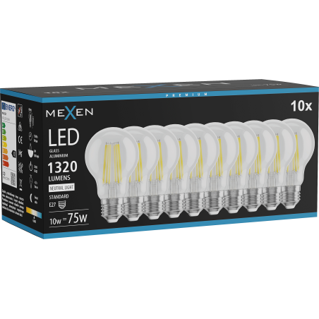 Mexen Vintis 10x LED filamenta spuldze E27, A60, 10W, Neitrāla - 4000K, 1320 lm, caurspīdīga - L150-E27-1040-00x10
