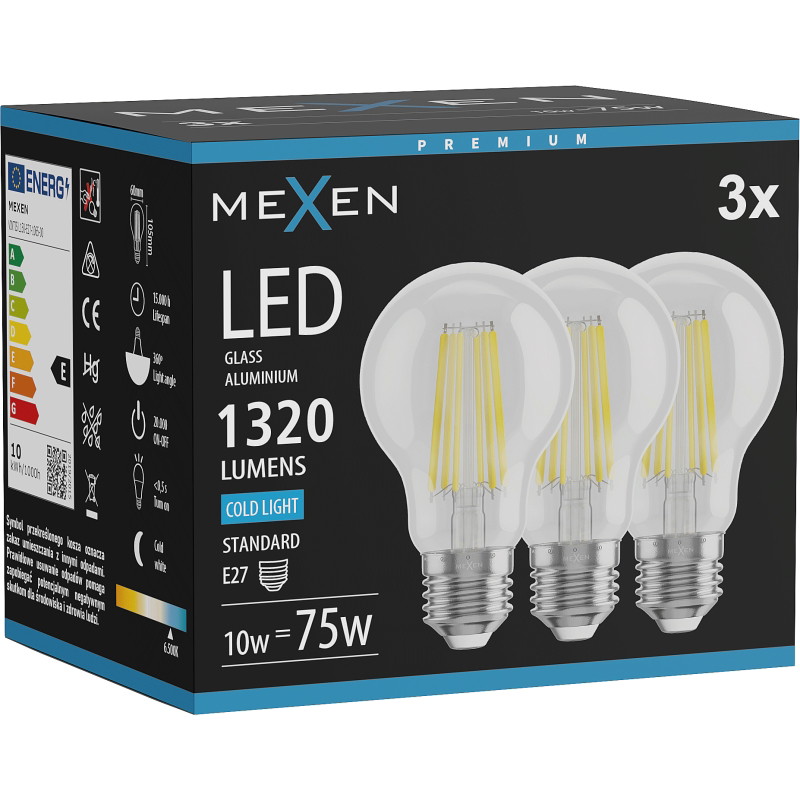 Mexen Vintis 3x LED filamentlamp E27, A60, 10W, Koud - 6500K, 1320 lm, helder - L150-E27-1065-00x03