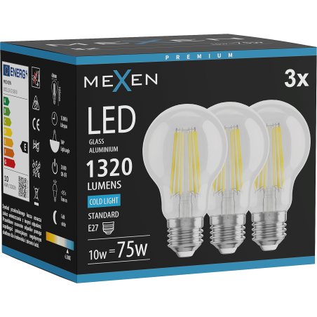 Mexen Vintis 3x LED-Filament-Glühbirne E27, A60, 10W, Kalt - 6500K, 1320 lm, klar - L150-E27-1065-00x03