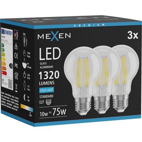 Mexen Vintis 3x LED filamentlampa E27, A60, 10W, Kallt - 6500K, 1320 lm, klar - L150-E27-1065-00x03