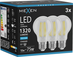 Mexen Vintis 3x LED-Filament-Glühbirne E27, A60, 10W, Kalt - 6500K, 1320 lm, klar - L150-E27-1065-00x03