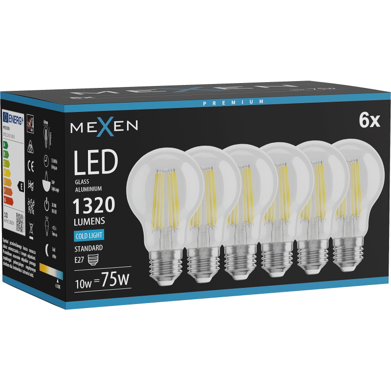 Mexen Vintis 6x Filament LED-lamppu E27, A60, 10W, Kylmä - 6500K, 1320 lm, kirkas - L150-E27-1065-00x06