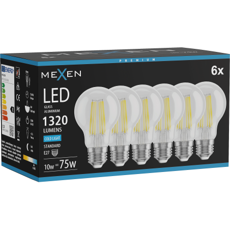 Mexen Vintis 6x Spuldze filaments LED E27, A60, 10W, Auksts - 6500K, 1320 lm, caurspīdīgs - L150-E27-1065-00x06