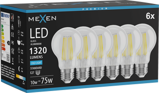 Mexen Vintis 6x Filament LED pirn E27, A60, 10W, Külm - 6500K, 1320 lm, selge - L150-E27-1065-00x06