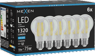 Mexen Vintis 6x Spuldze filaments LED E27, A60, 10W, Auksts - 6500K, 1320 lm, caurspīdīgs - L150-E27-1065-00x06