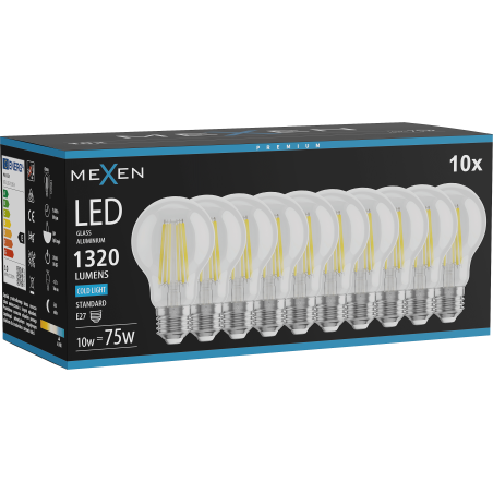 Mexen Vintis 10x LED-Filament-Glühbirne E27, A60, 10W, Kalt - 6500K, 1320 lm, klar - L150-E27-1065-00x10